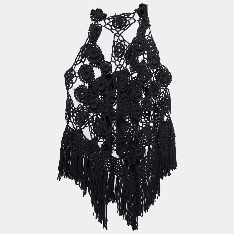 Pre Owned Roberto Cavalli Black Wool Crochet Tie Front Sleeveless Vest One Size