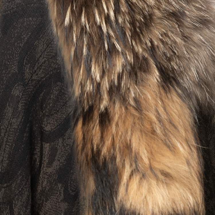 Pre Owned Roberto Cavalli Brown Wool Fur Trimmed Collared Cape One Size