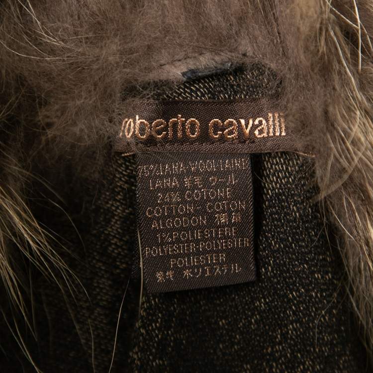 Pre Owned Roberto Cavalli Brown Wool Fur Trimmed Collared Cape One Size