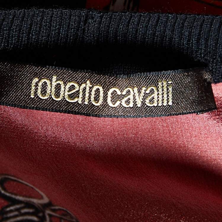 مملوكة مسبقًا Roberto Cavalli Black Wool Knit & Printed Silk Cardigan S