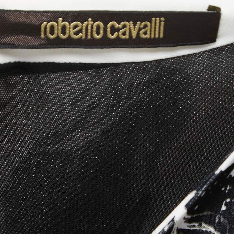 Pre Owned Roberto Cavalli Black Abstract Printed Jersey Ruched Maxi Dress M