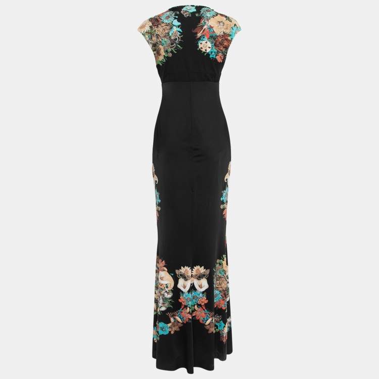 Pre Owned Roberto Cavalli Black Floral Printed Jersey Maxi Dress M