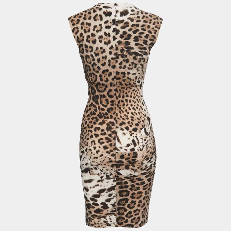 مملوكة مسبقًا Roberto Cavalli Brown Animal Printed Jersey Ruched Bodycon Dress S