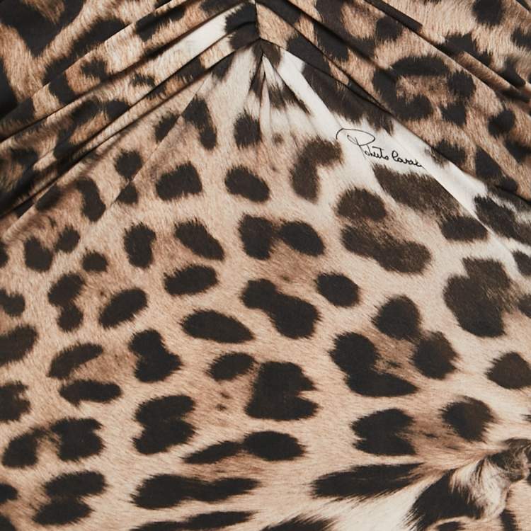 مملوكة مسبقًا Roberto Cavalli Brown Animal Printed Jersey Ruched Bodycon Dress S
