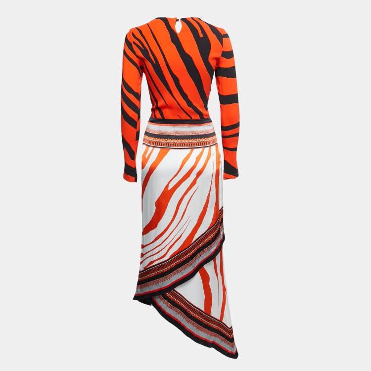 مملوكة مسبقًا Roberto Cavalli Orange Animal Printed Full Sleeve Draped Asymmetrical Dress S