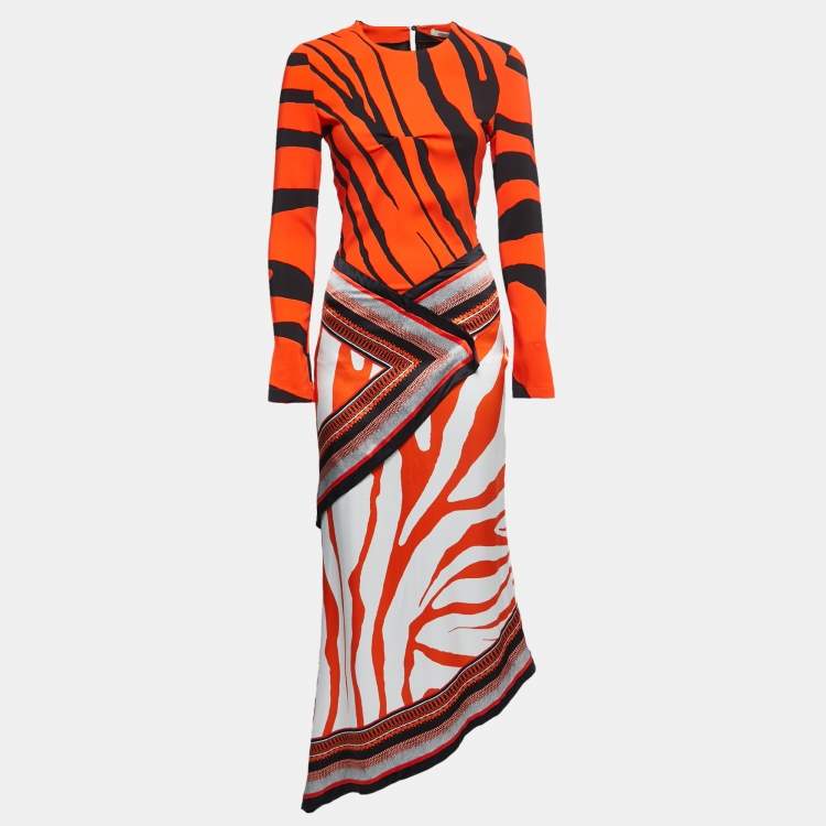 مملوكة مسبقًا Roberto Cavalli Orange Animal Printed Full Sleeve Draped Asymmetrical Dress S