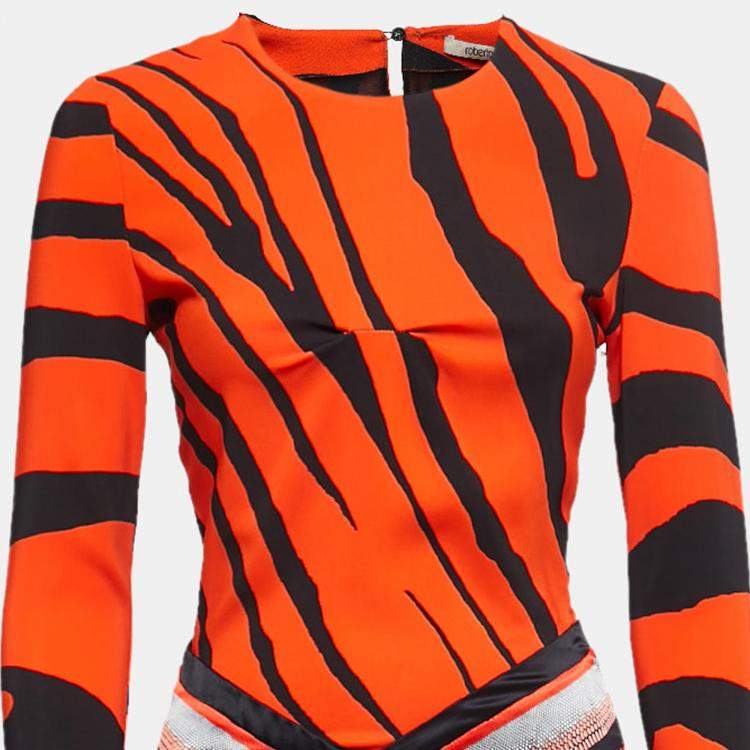 مملوكة مسبقًا Roberto Cavalli Orange Animal Printed Full Sleeve Draped Asymmetrical Dress S