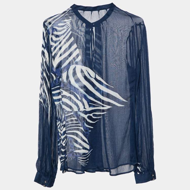 Pre Owned Roberto Cavalli Navy Blue Printed Cotton & Silk Tie Detail Shirt S