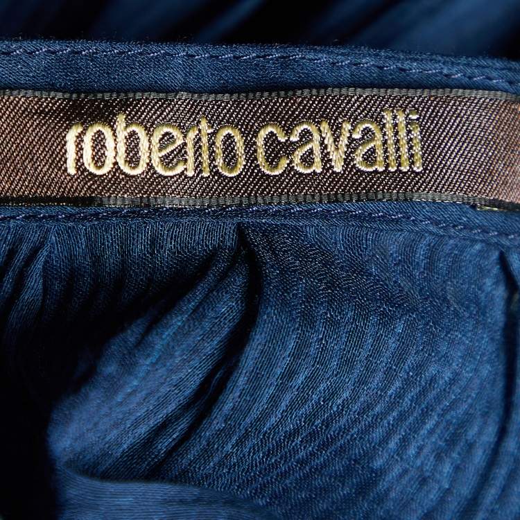 Pre Owned Roberto Cavalli Navy Blue Printed Cotton & Silk Tie Detail Shirt S