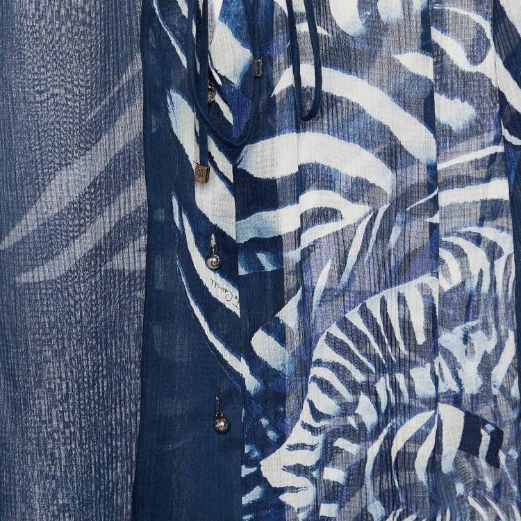 Pre Owned Roberto Cavalli Navy Blue Printed Cotton & Silk Tie Detail Shirt S