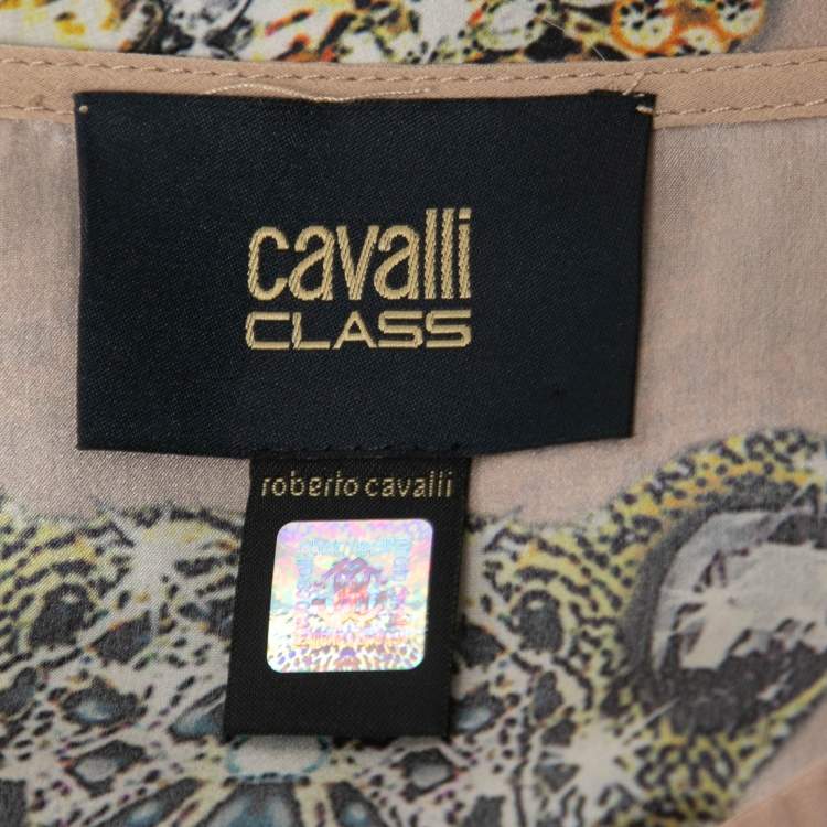 Pre Owned Roberto Cavalli Beige Jeweled Printed Silk Kaftan Top L