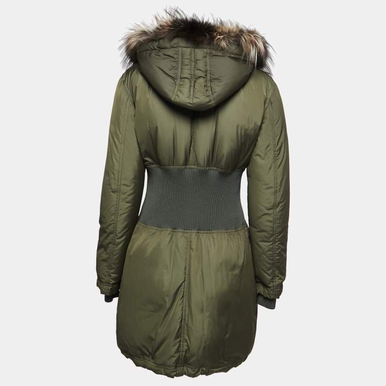 Pre Owned Roberto Cavalli Military Green Synthetic and Fur Trimmed Hooded Paded Coat M