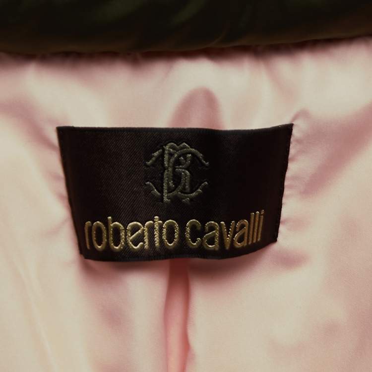 Pre Owned Roberto Cavalli Military Green Synthetic and Fur Trimmed Hooded Paded Coat M