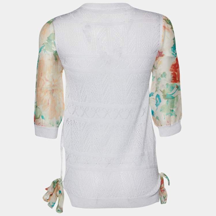 Pre Owned Roberto Cavalli White Perforated Knit & Printed Silk Sleeve Cardigan S