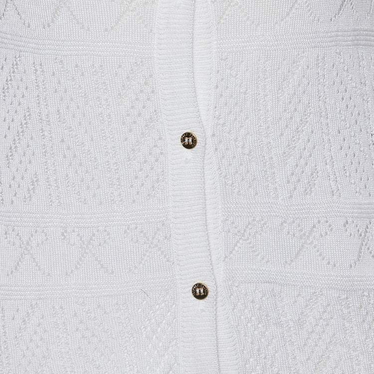 Pre Owned Roberto Cavalli White Perforated Knit & Printed Silk Sleeve Cardigan S