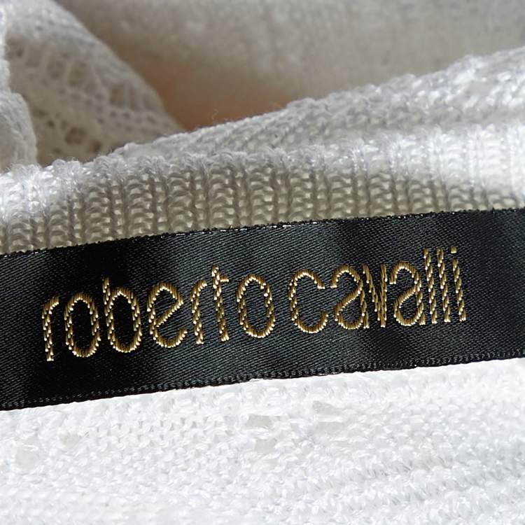 Pre Owned Roberto Cavalli White Perforated Knit & Printed Silk Sleeve Cardigan S