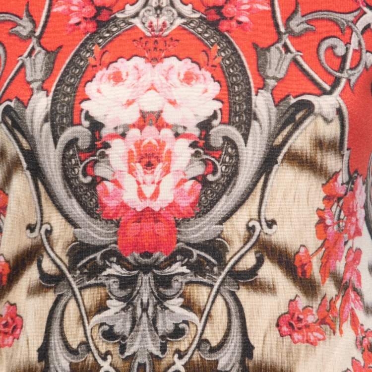 Pre Owned Roberto Cavalli Multicolor Floral and Animal Printed Knit Polo Neck Midi Dress M