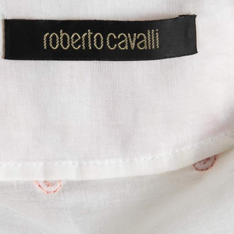 Pre Owned Roberto Cavalli White Cotton Embellished Peasant Blouse M