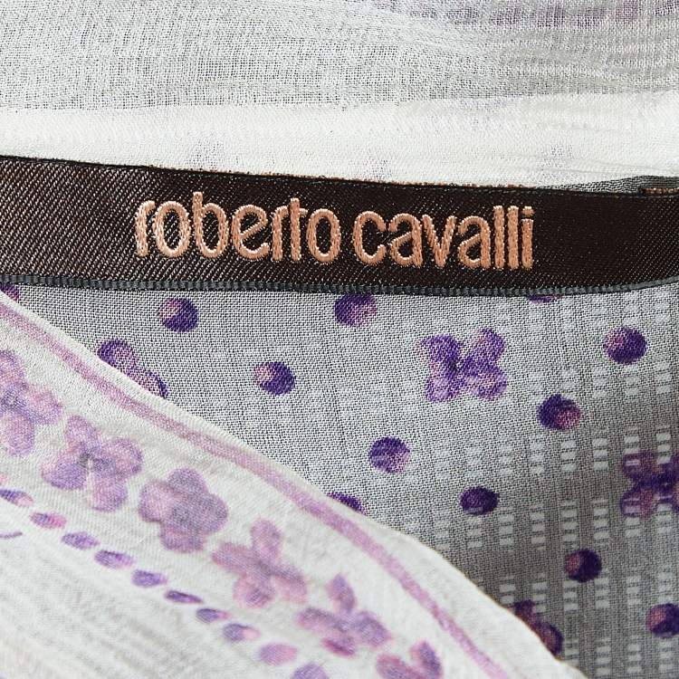 Pre Owned Roberto Cavalli White Floral Printed Silk Top M