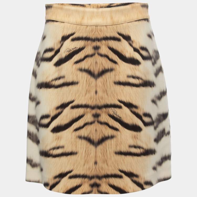 Pre Owned Roberto Cavalli Beige Animal Print Crepe Wool Mini Skirt M