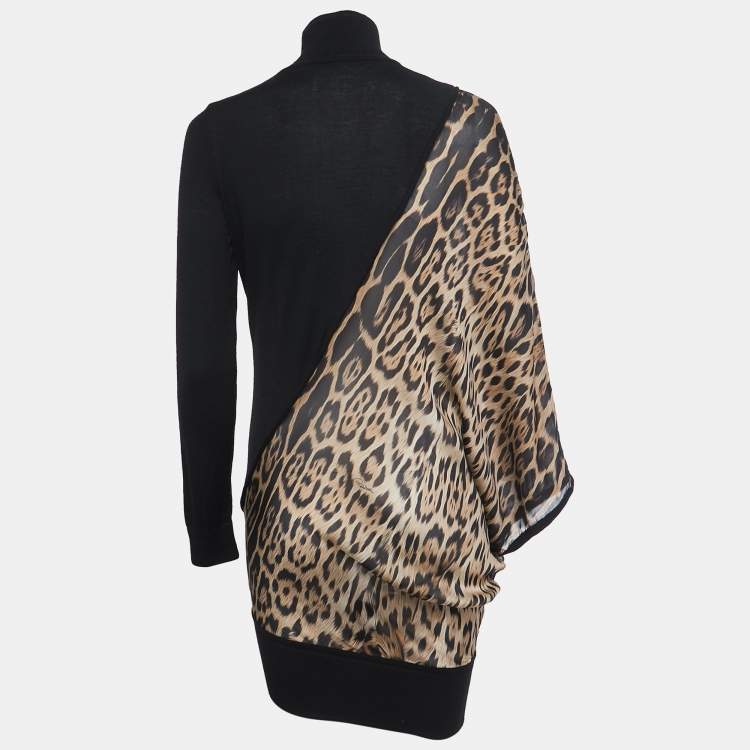 Pre Owned Roberto Cavalli Black Python Print Silk and Knit Turtleneck Asymmetrical Sweater Dress M