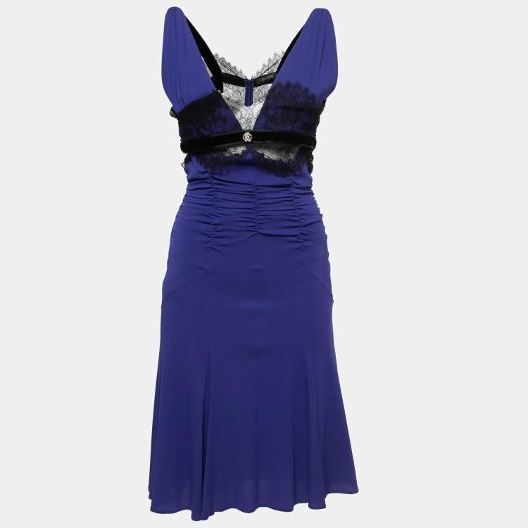 Pre Owned Roberto Cavalli Blue Georgette & Lace Inset Midi Dress M