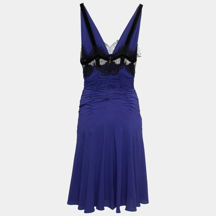 Pre Owned Roberto Cavalli Blue Georgette & Lace Inset Midi Dress M
