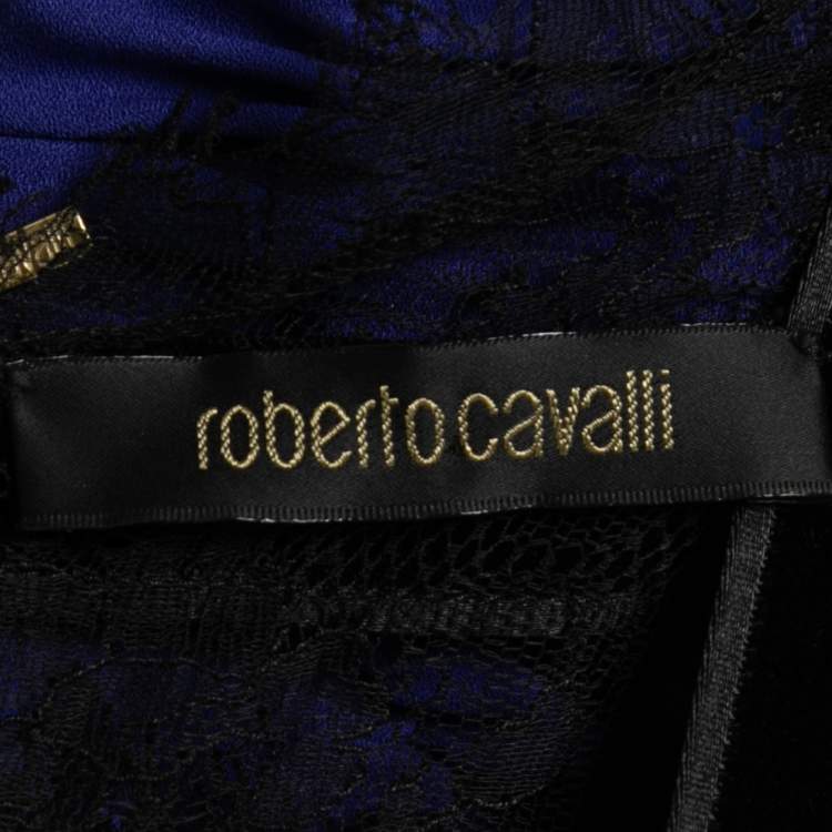 Pre Owned Roberto Cavalli Blue Georgette & Lace Inset Midi Dress M