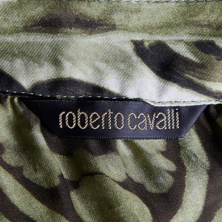 Pre Owned Roberto Cavalli Green Printed Silk Tie Detail Top M