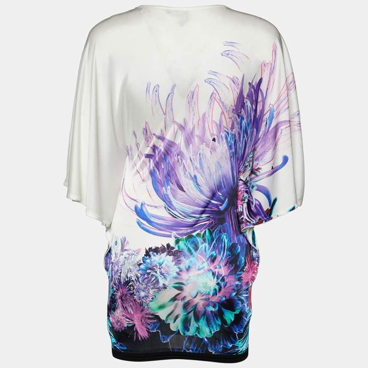 Pre Owned Roberto Cavalli White Printed Jersey Butterfly Sleeve Top S