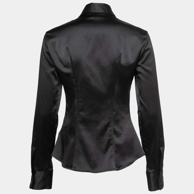 Pre Owned Roberto Cavalli Black Stretch Satin Pleat Detail Full Sleeve Shirt M