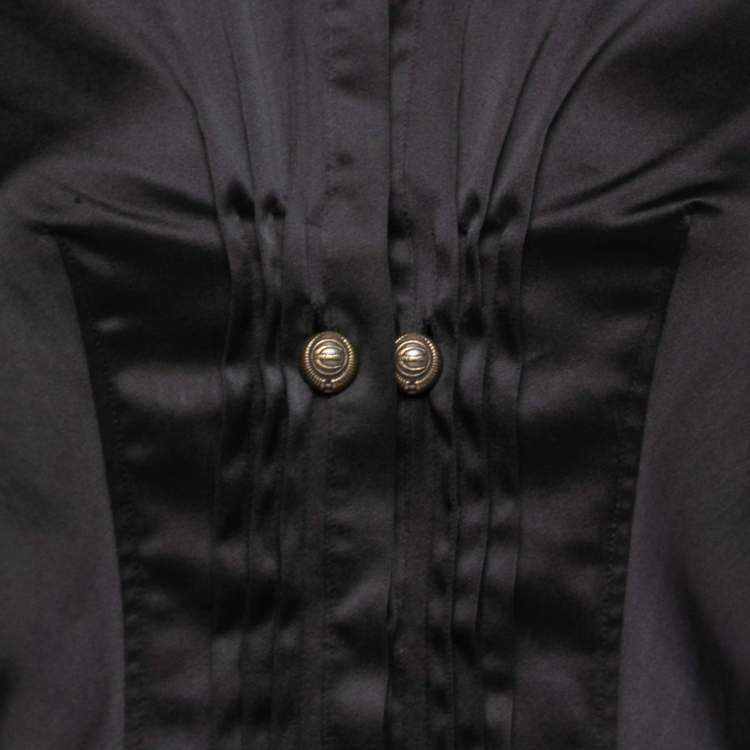 Pre Owned Roberto Cavalli Black Stretch Satin Pleat Detail Full Sleeve Shirt M