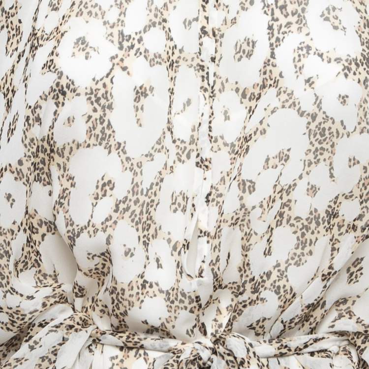 Pre Owned Roberto Cavalli  White Animal Printed Silk Tie Detail Wide-Leg Kaftan Jumpsuit XL 
