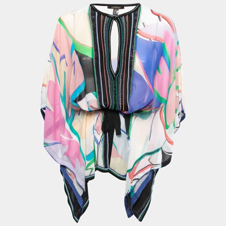 Pre Owned Roberto Cavalli Multicolor Printed Silk Chiffon Waist Tie Detail Kaftan Top S