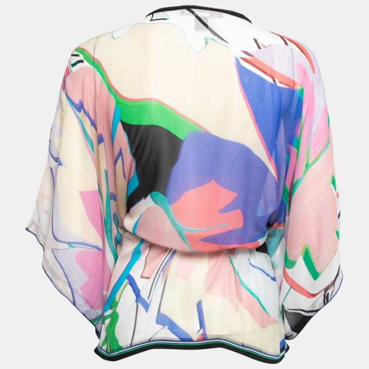 Pre Owned Roberto Cavalli Multicolor Printed Silk Chiffon Waist Tie Detail Kaftan Top S
