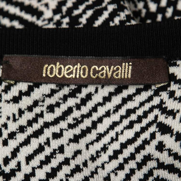 Pre Owned Roberto Cavalli Black/White Jacquard Knit V-Neck Midi Dress S