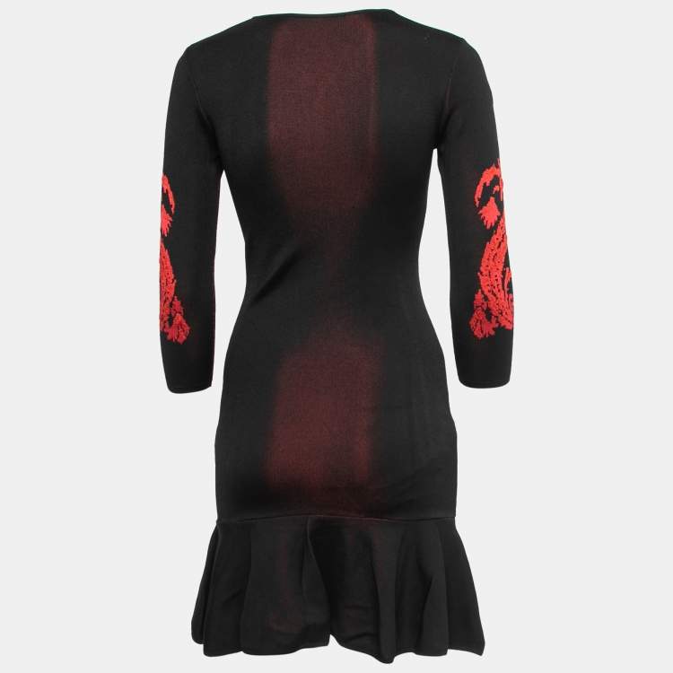 Pre Owned Roberto Cavalli Black/Red Jacquard Knit Midi Dress S