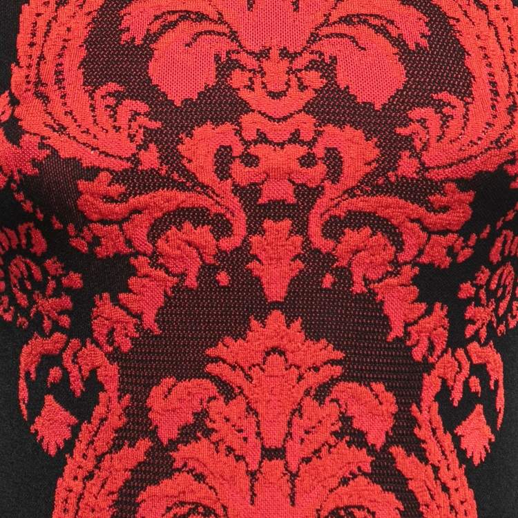 Pre Owned Roberto Cavalli Black/Red Jacquard Knit Midi Dress S