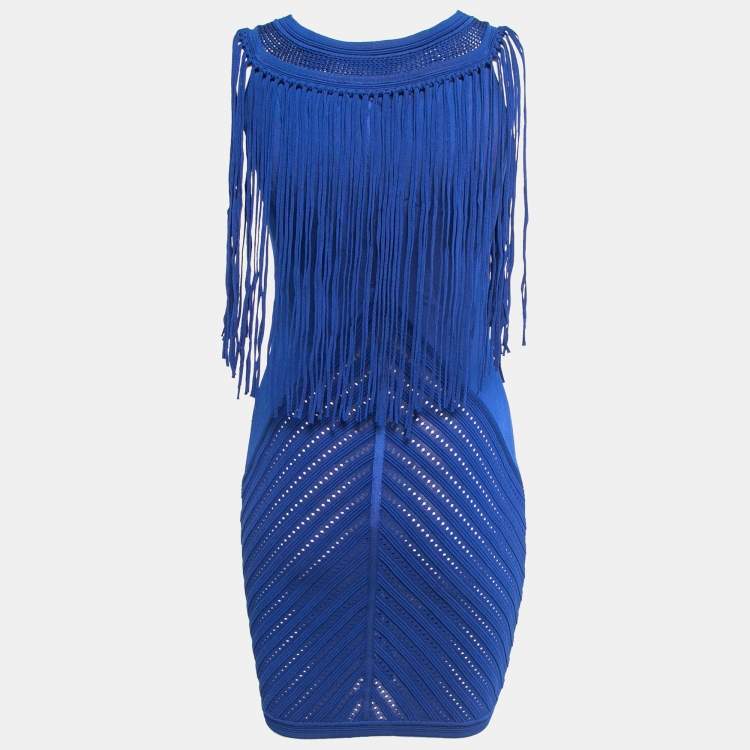 Pre Owned Roberto Cavalli Blue Knit Fringed Sleeveless Mini Dress M