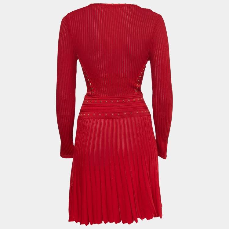 Pre Owned Roberto Cavalli Red Patterned Knit Long Sleeve Flared Short Dress S