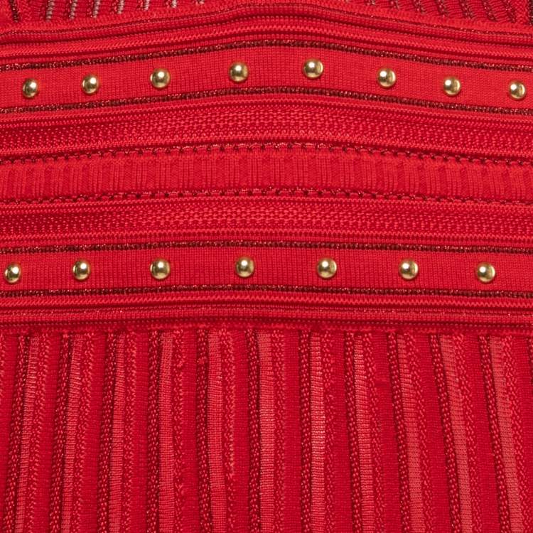 Pre Owned Roberto Cavalli Red Patterned Knit Long Sleeve Flared Short Dress S