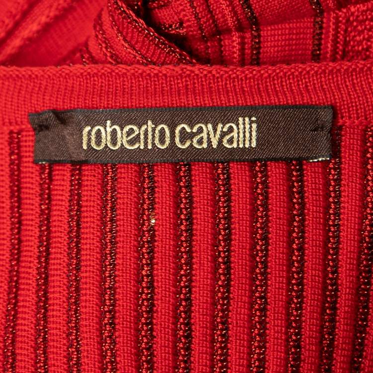 Pre Owned Roberto Cavalli Red Patterned Knit Long Sleeve Flared Short Dress S