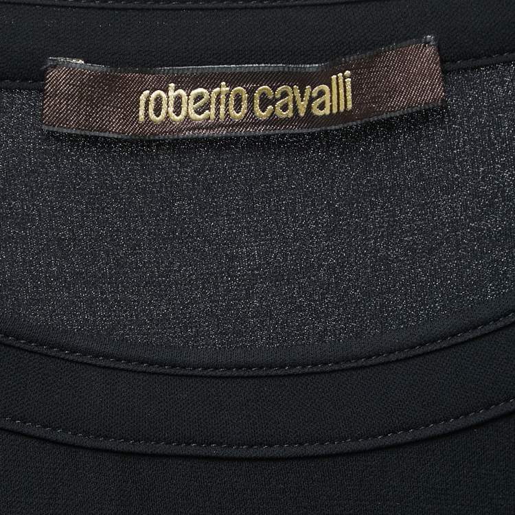 Pre Owned Roberto Cavalli Black Animal Print Silk & Jersey Full Sleeve Flared Short Dress S