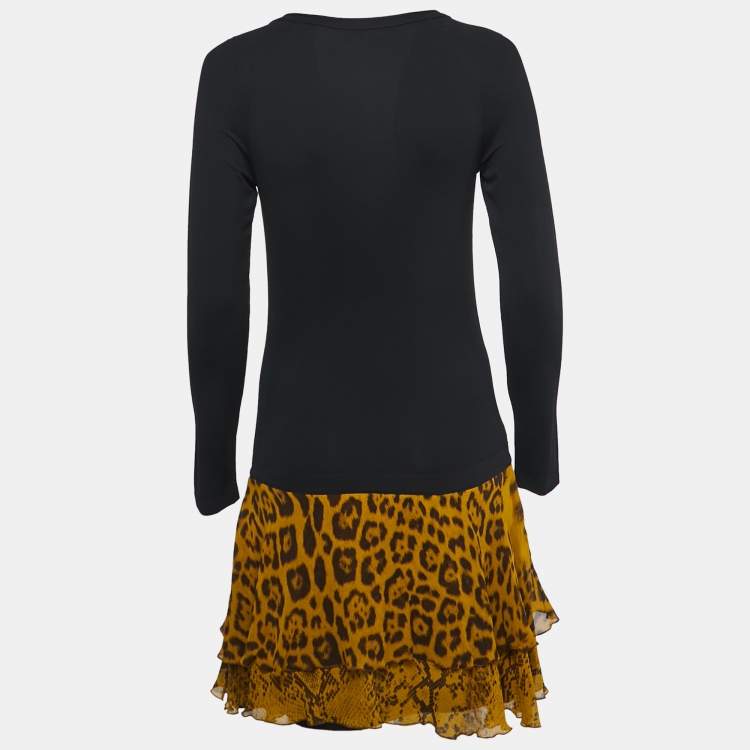 Pre Owned Roberto Cavalli Black Animal Print Silk & Jersey Full Sleeve Flared Short Dress S