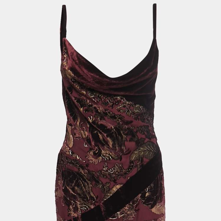 Pre Owned Roberto Cavalli Burgndy Embroidered Silk Velvet Draped Strap Gown M