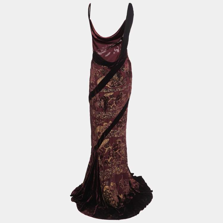 Pre Owned Roberto Cavalli Burgndy Embroidered Silk Velvet Draped Strap Gown M