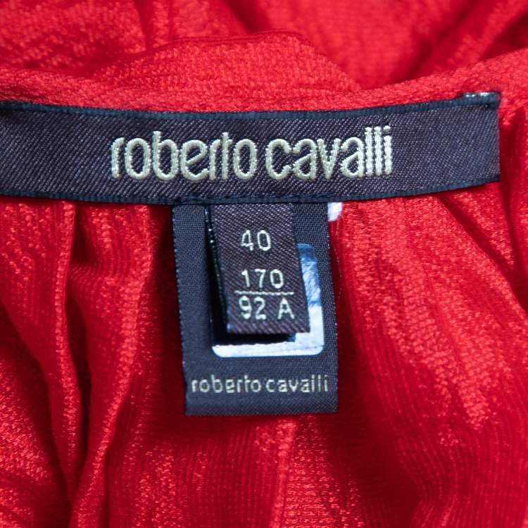 Pre Owned Roberto Cavalli Red Silk Long Sleeve Lace Trimmed Dress S