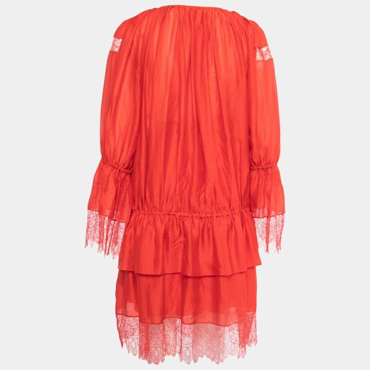 Pre Owned Roberto Cavalli Red Silk Long Sleeve Lace Trimmed Dress S