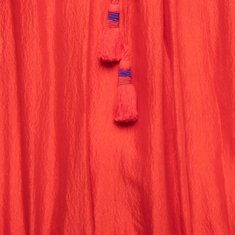Pre Owned Roberto Cavalli Red Silk Long Sleeve Lace Trimmed Dress S