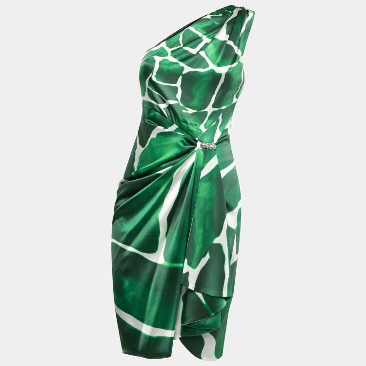 Pre Owned Roberto Cavalli Green Printed Satin Silk Faux Wrap One Shoulder Mini Dress M